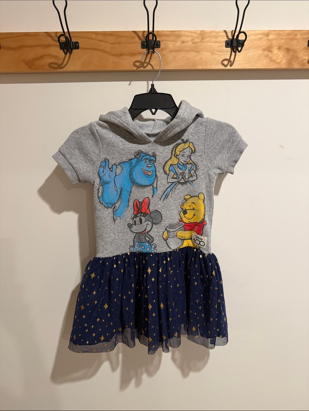 Disney Gray Hooded Character Dress with Navy Gold Star Skirt